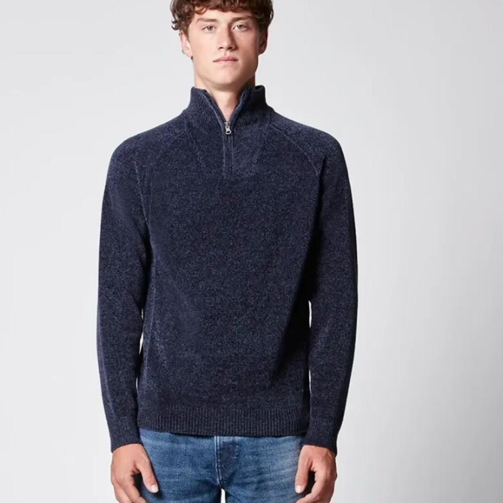Projek Raw Navy Blue 100% Cotton Textured Mock Neck 1/4 Zip Sweater Large